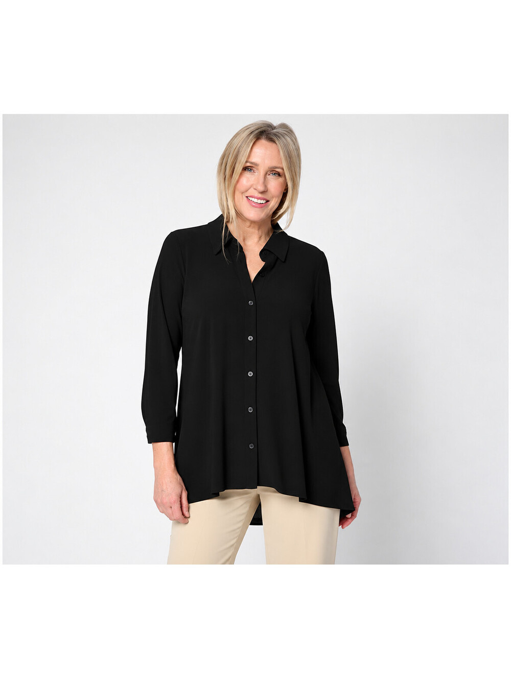 Dennis Basso Caviar Crepe Collared Button-Front Solid Top Black, Petite Medium
